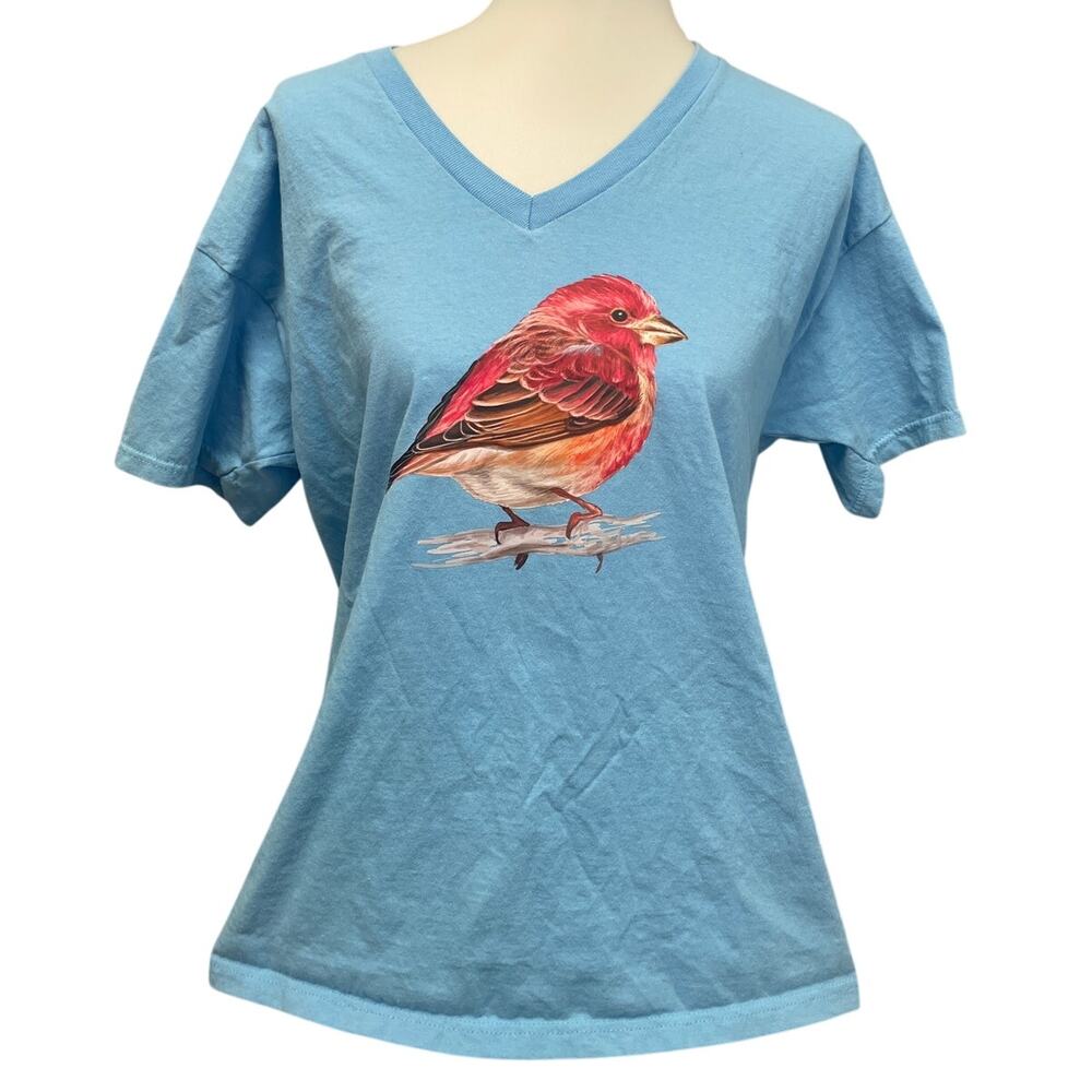 Hand Printed Upcycled Womens XL Red Finch Bird Cotton V-Neck Tee Shirt